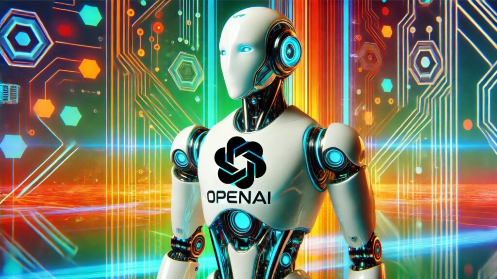 Futuristic illustration featuring a robot with a sleek, white design and the OpenAI logo on its chest, standing in a vibrant, colorful digital environment symbolizing the impact of artificial intelligence on the digital world.